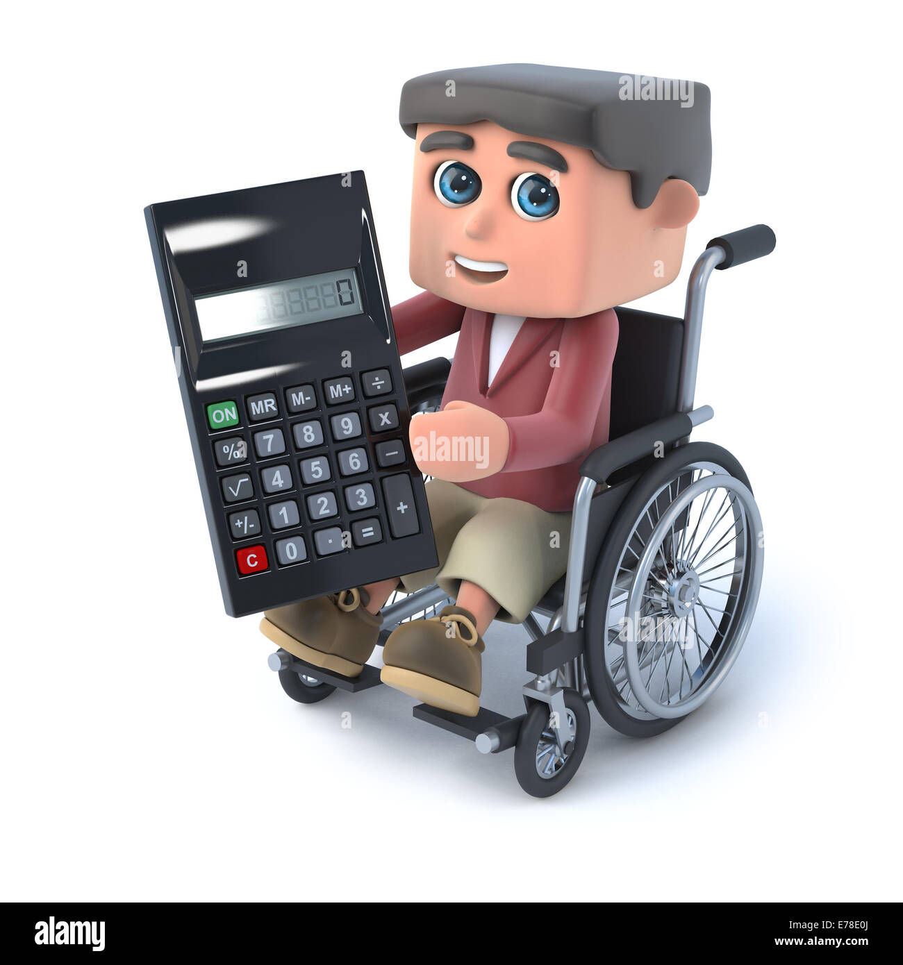 3D render d'un enfant dans un fauteuil roulant à l'aide d'une calculatrice Banque D'Images