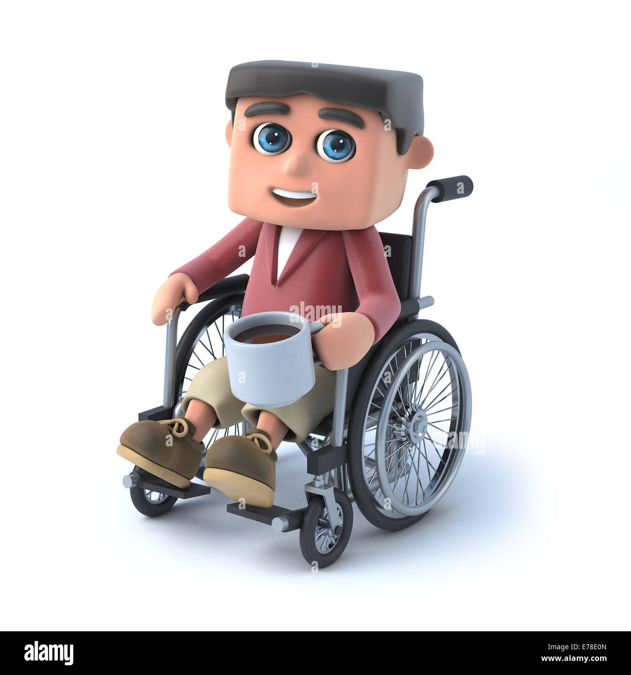 3D render d'un enfant dans un fauteuil roulant de boire une tasse de café Banque D'Images