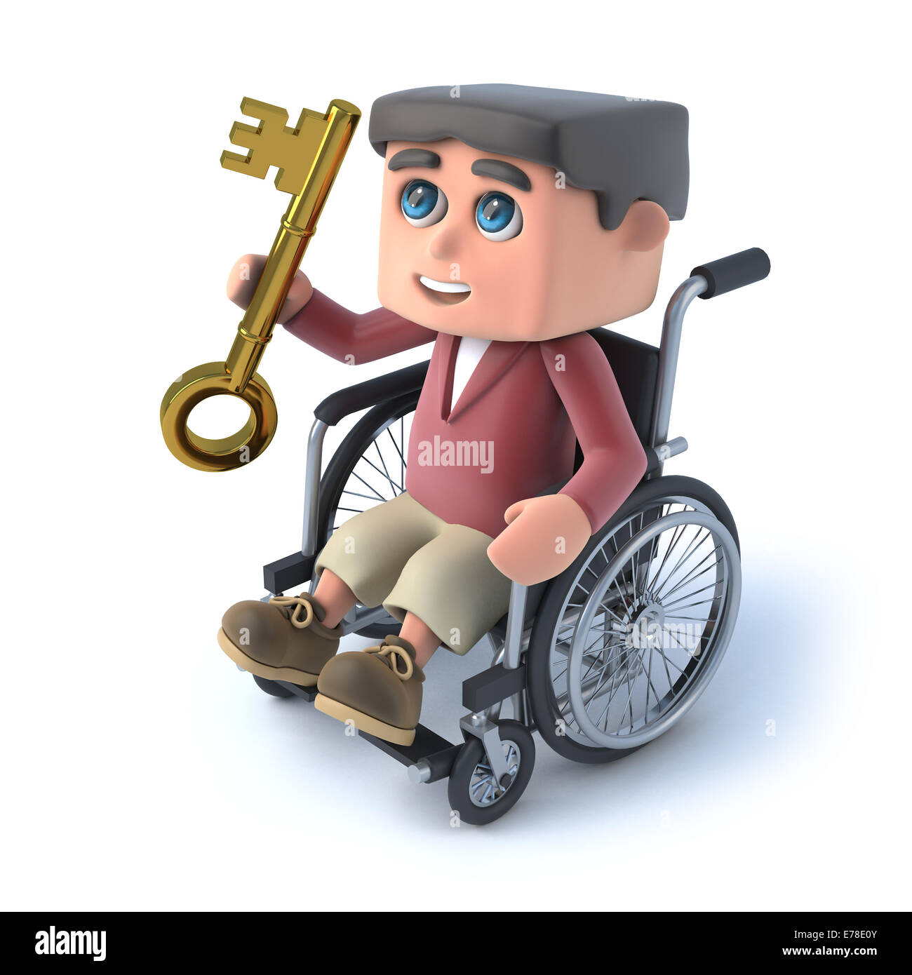 3D render of a kid en fauteuil roulant tenant une clé d'or Banque D'Images