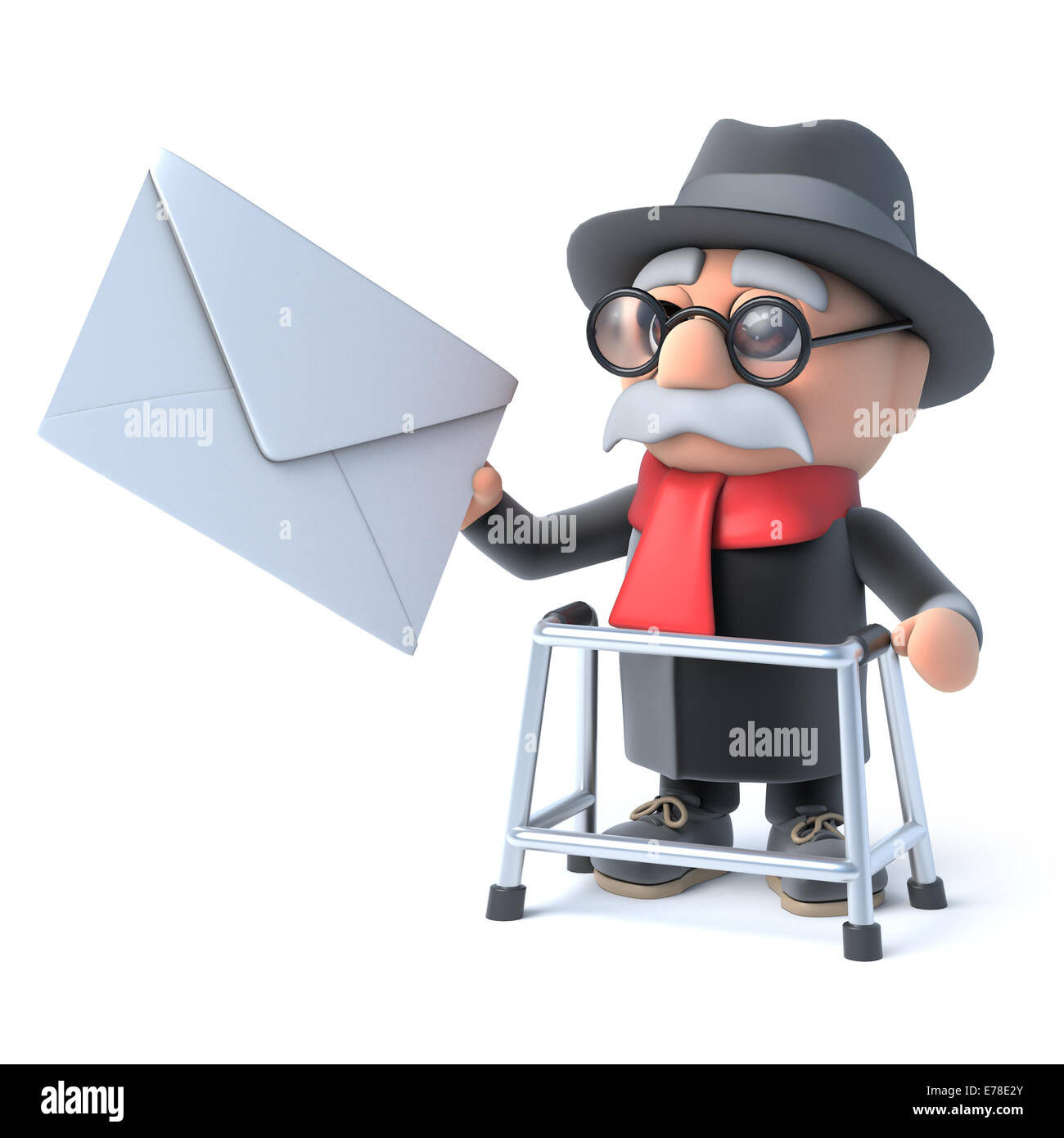 Le rendu 3D d'un vieil homme avec un déambulateur tenant une enveloppe Banque D'Images