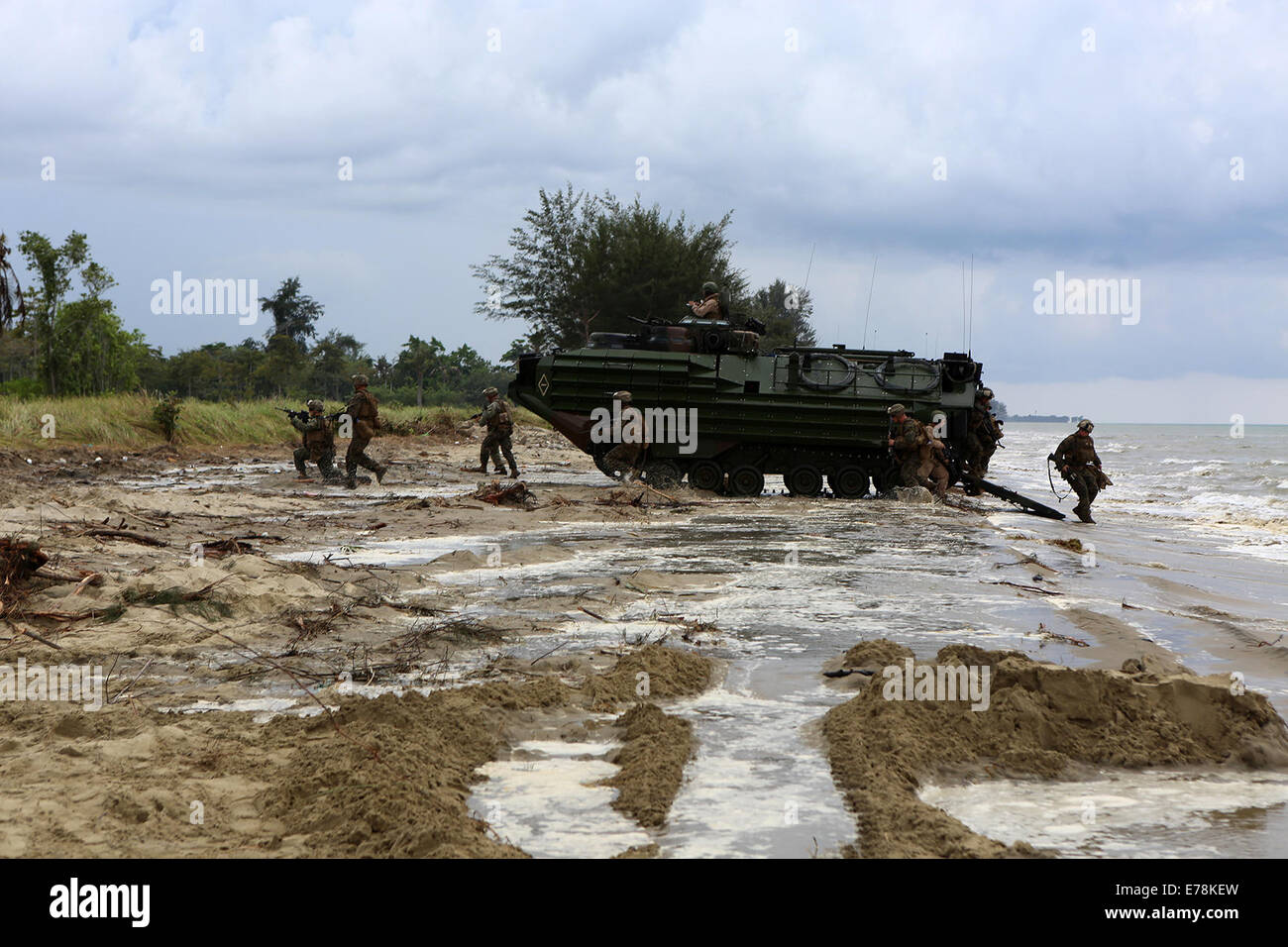 Marines avec Echo, l'entreprise Équipe de débarquement du bataillon du 2e Bataillon, 1er Marines, 11e Marine Expeditionary Unit, et des membres de l'armée malaisienne démonter les véhicules d'assaut amphibie et répondre à une simulation d'une embuscade lors d'Malaysia-United Membres suis Banque D'Images