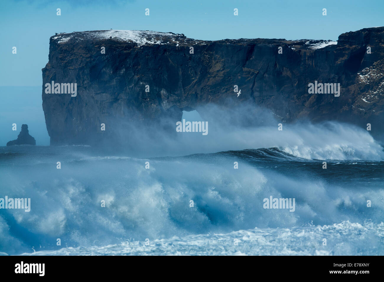 Vagues se brisant sur Renisfjara plage en face de la pointe sud de l'Islande, Dyrhólaey Banque D'Images