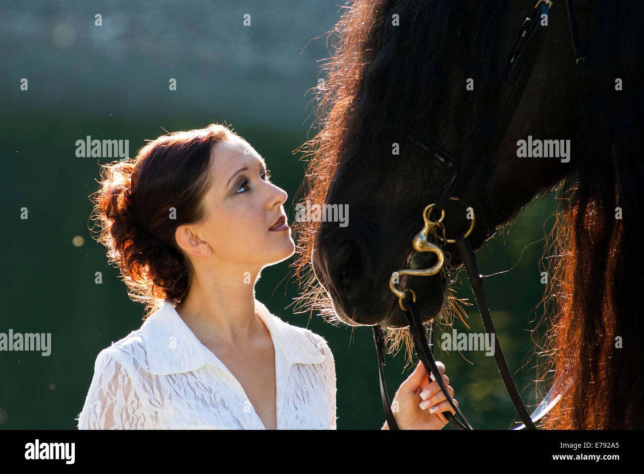 Jeune femme tenant un cheval frison noir, rétroéclairé, le nord du Tyrol, Autriche Banque D'Images