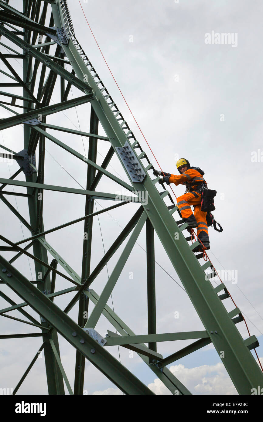 Câble de transmission d'un mât d'escalade d'installation pour installer le câble isolé sur un nouveau mât de transmission à haute tension Banque D'Images