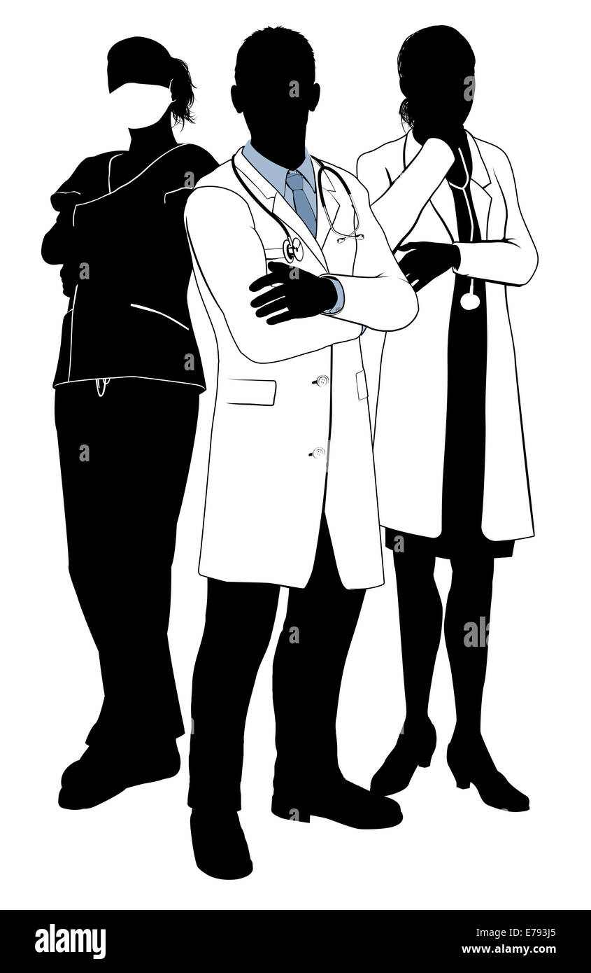 Une équipe médicale de médecins ou chirurgiens avec blouse blanche et des gommages corporels, des stéthoscopes et des masques chirurgicaux en silhouette Banque D'Images