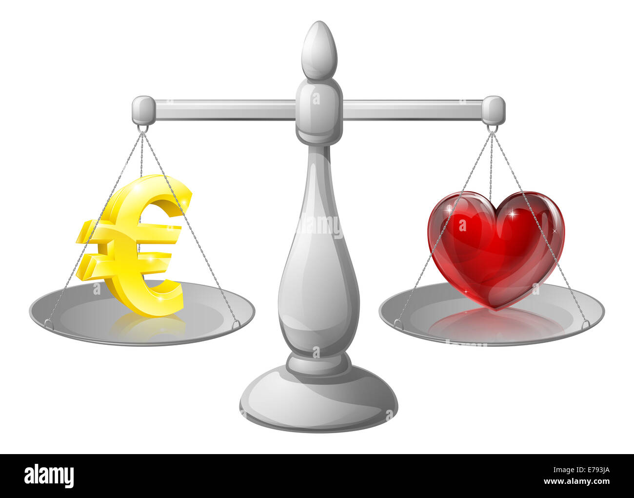 L'amour ou l'argent work life balance pèse-personne, pèse-personne avec un symbole de l'Euro d'un côté et un coeur sur l'autre Banque D'Images