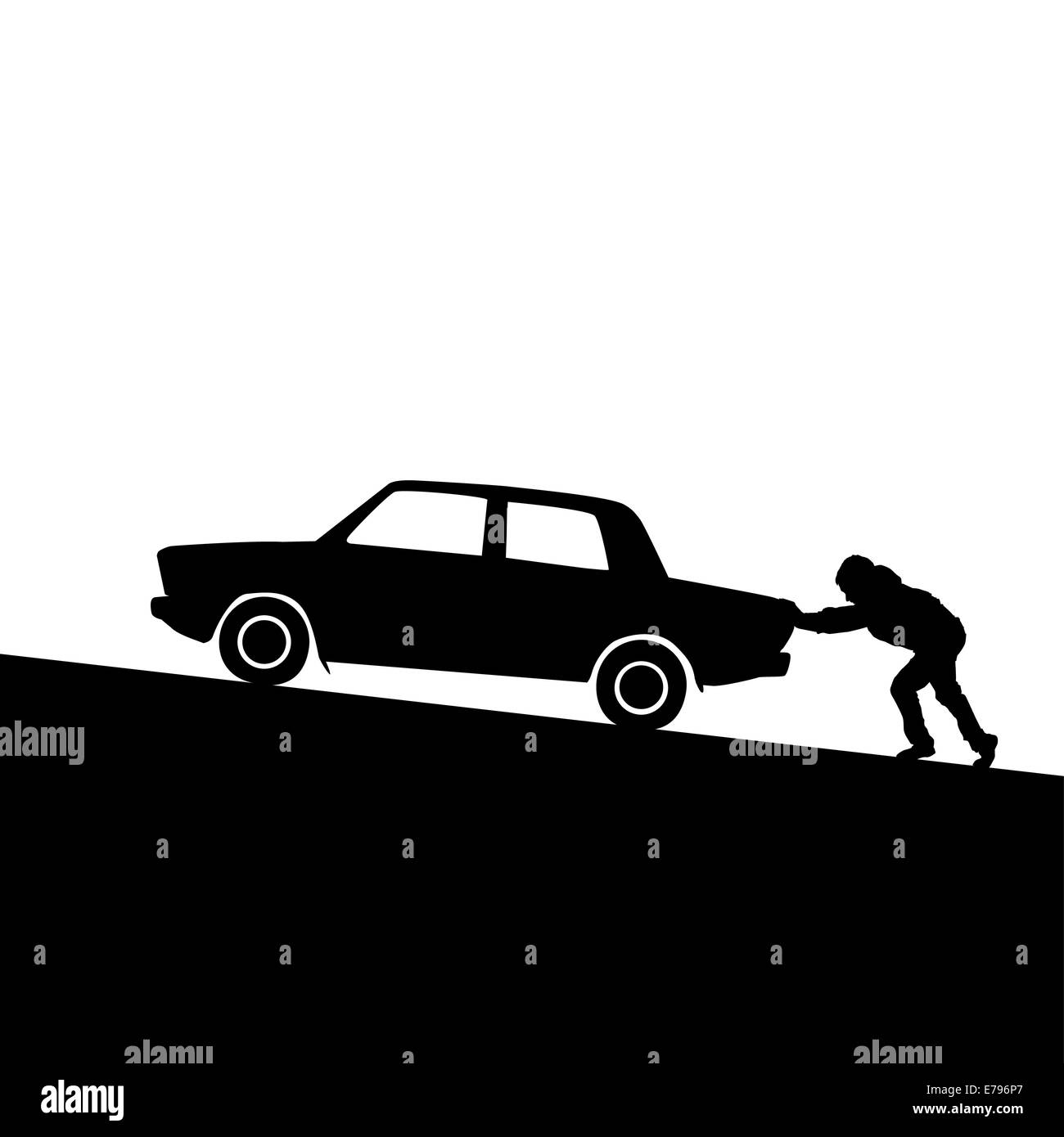 Silhouette of man poussant une voiture Banque D'Images