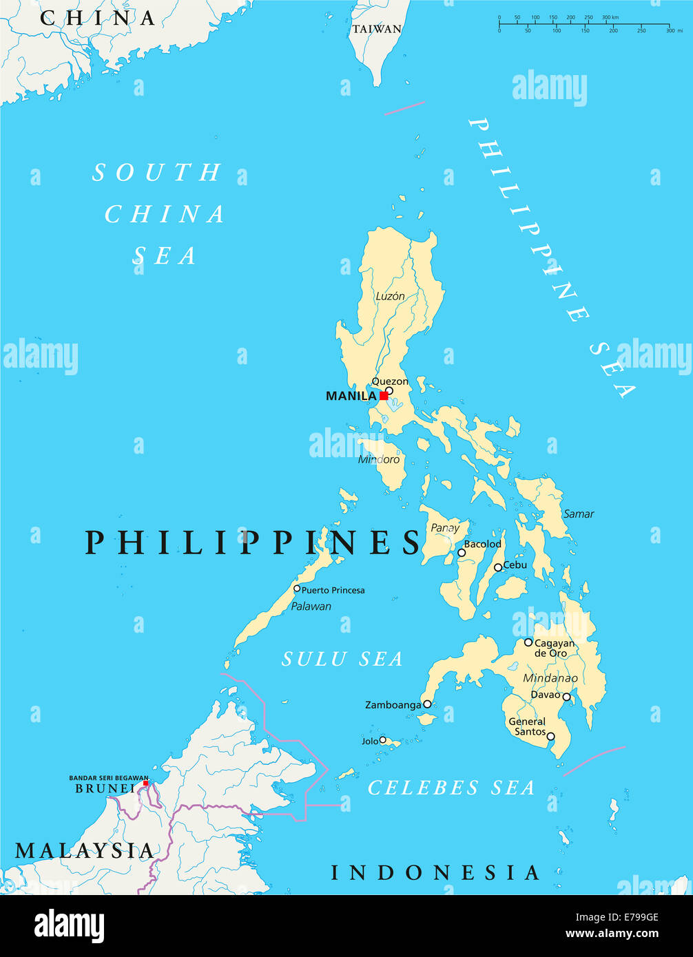 Philippines capitale Manille avec carte politique, les frontières nationales, la plupart des grandes villes, rivières et lacs. L'étiquetage en anglais. Banque D'Images