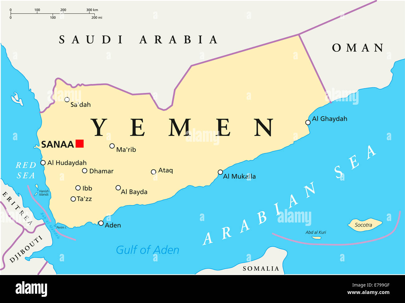 Carte politique du Yémen à Sanaa, capitale des frontières nationales et la plupart des villes importantes. English l'étiquetage et à l'échelle. L'illustration. Banque D'Images