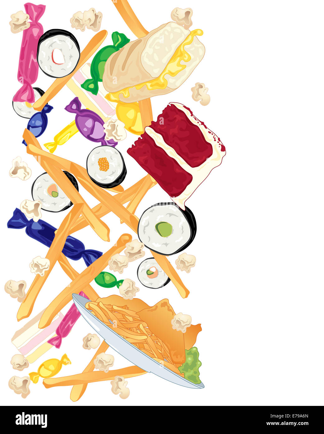 Une illustration d'une variété de délicieux bonbons y compris la restauration rapide plaquettes 'sushi rolls' 'velvet cake' et 'fish and chips' Banque D'Images