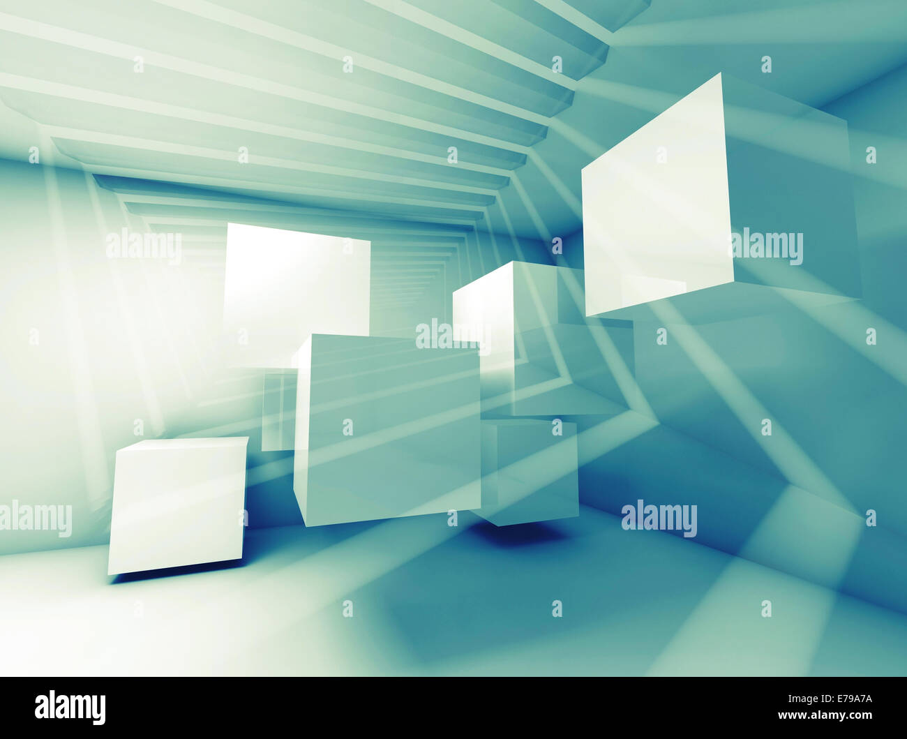 Résumé bleu vert intérieur avec des cubes volants et les faisceaux lumineux Banque D'Images