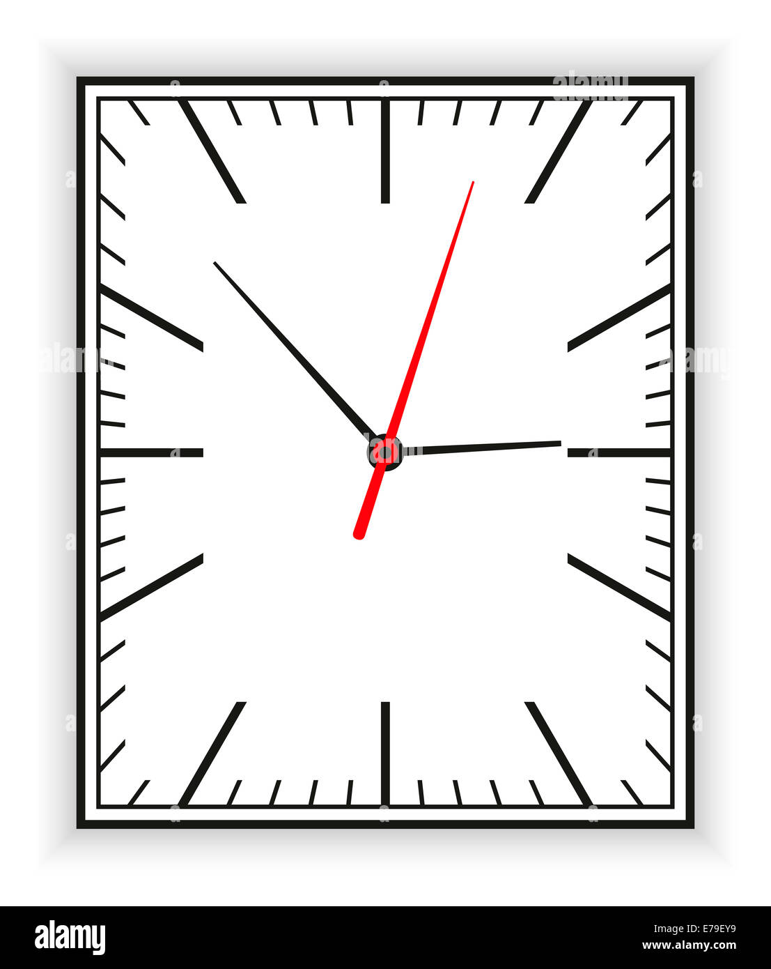 Horloge rectangulaire dans le cadre d'une horloge analogique avec des pointeurs noir et rouge. Illustration sur fond blanc. Banque D'Images