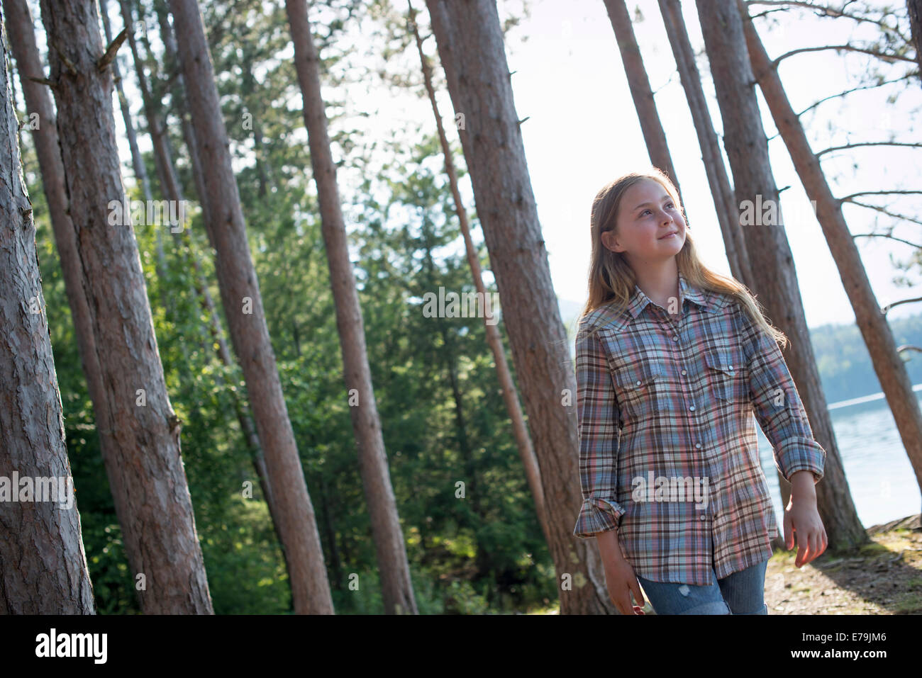 Une fille qui marche dans un bois à côté d'un lac en été. Banque D'Images