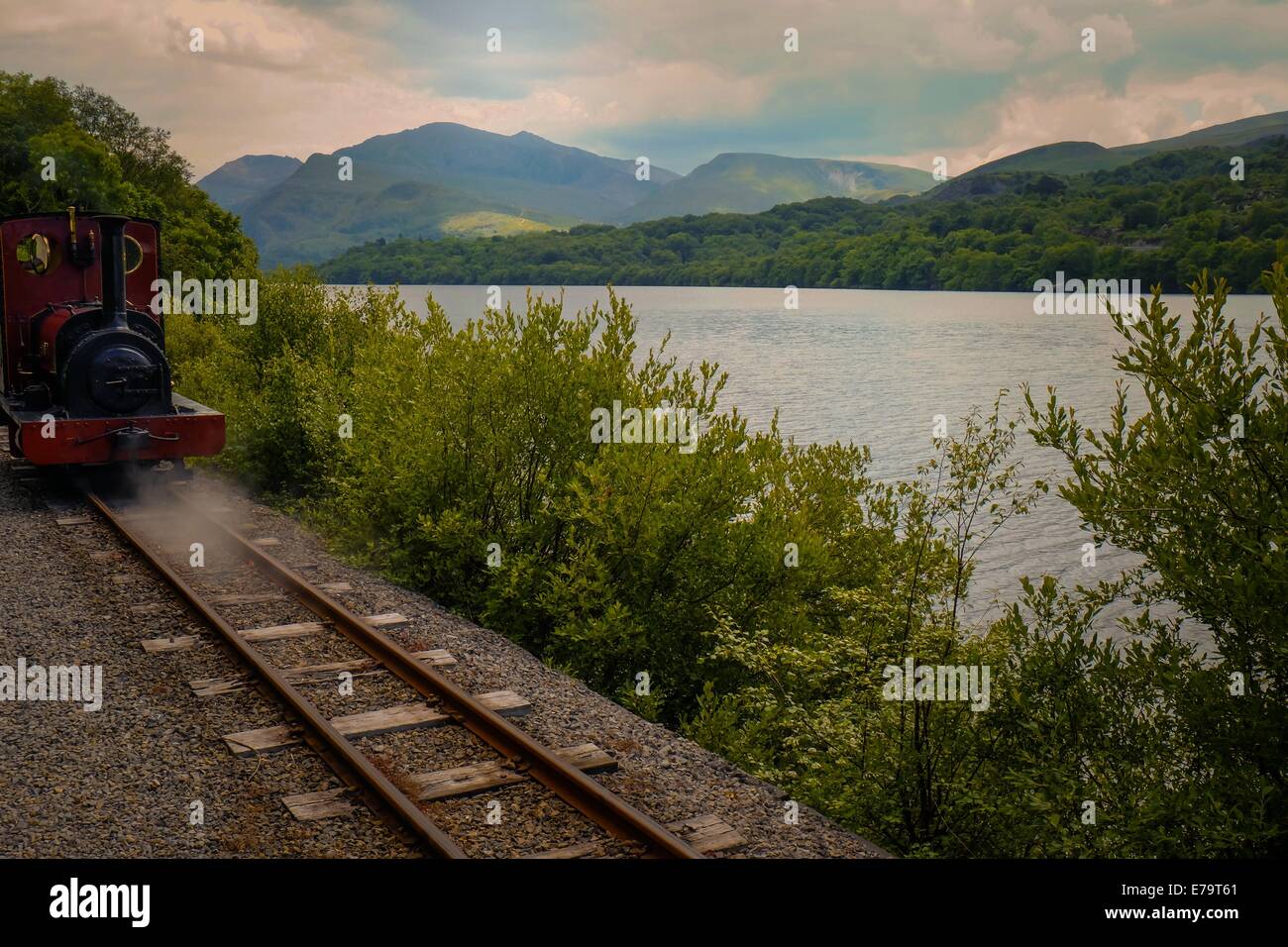 Llanberis Lake Railway - train sur les voies de chemin de fer au bord de lac Banque D'Images