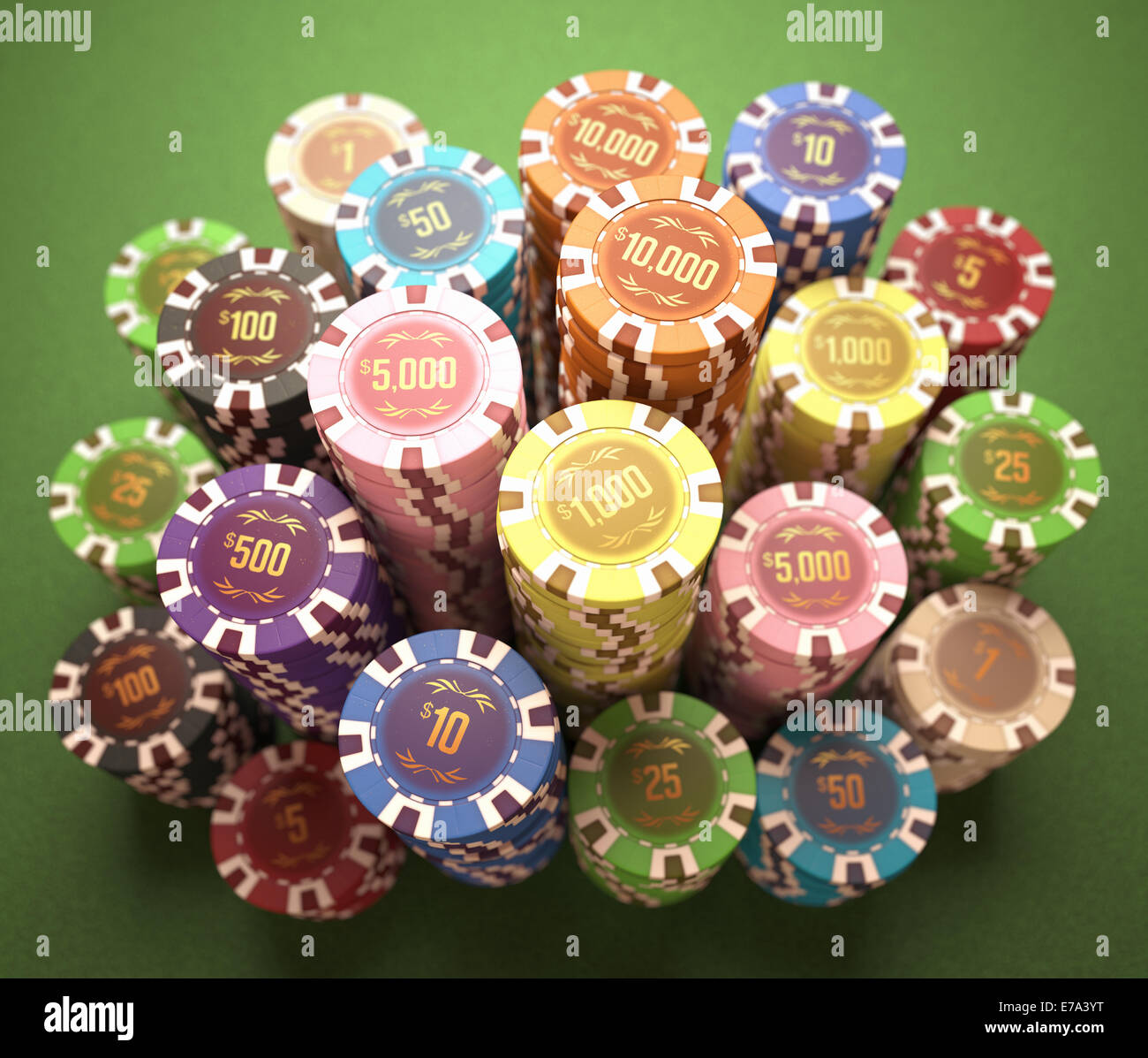 Jetons colorés sur une table verte. Concept de casino et jeux de hasard. Chemin de coupure sur les jetons. Banque D'Images