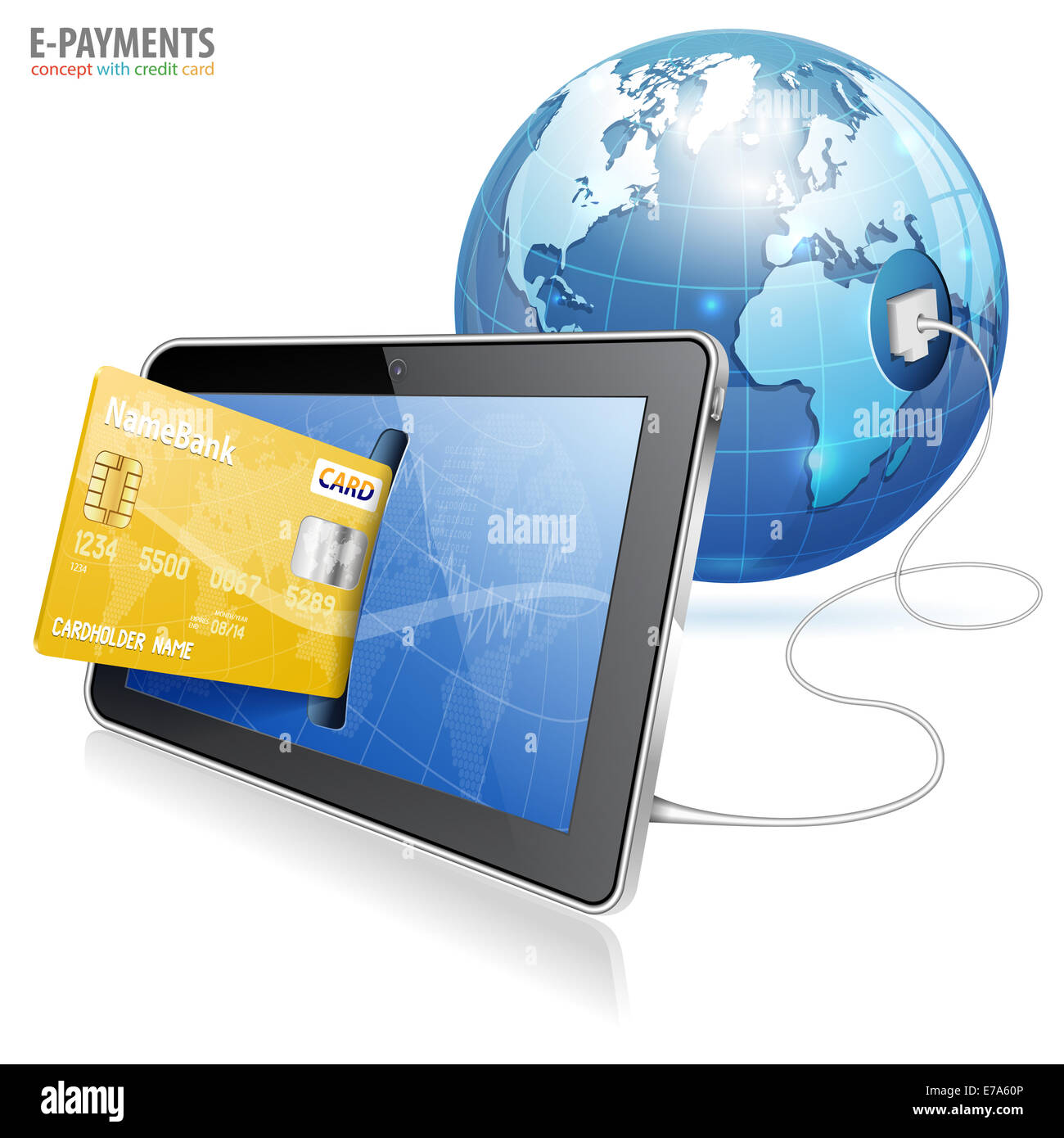 Concept de paiement électronique - Tablet PC avec carte de crédit et de la terre, isolé sur fond blanc Banque D'Images