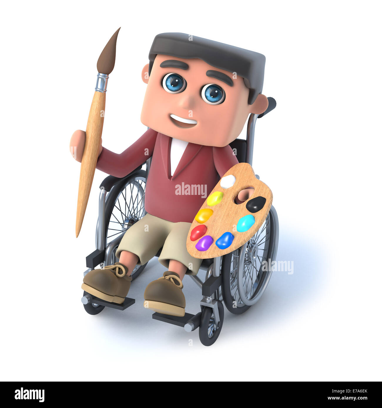 3D render of a Boy in a wheelchair holding un pinceau et palette Banque D'Images