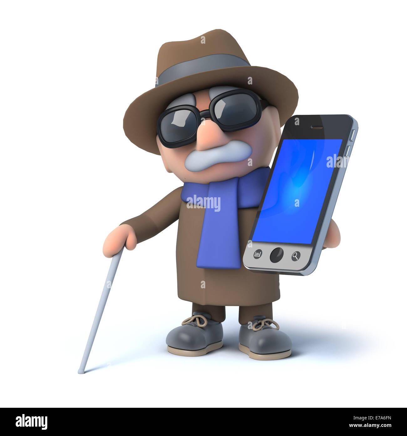 3D render of a blind man holding un smartphone Banque D'Images