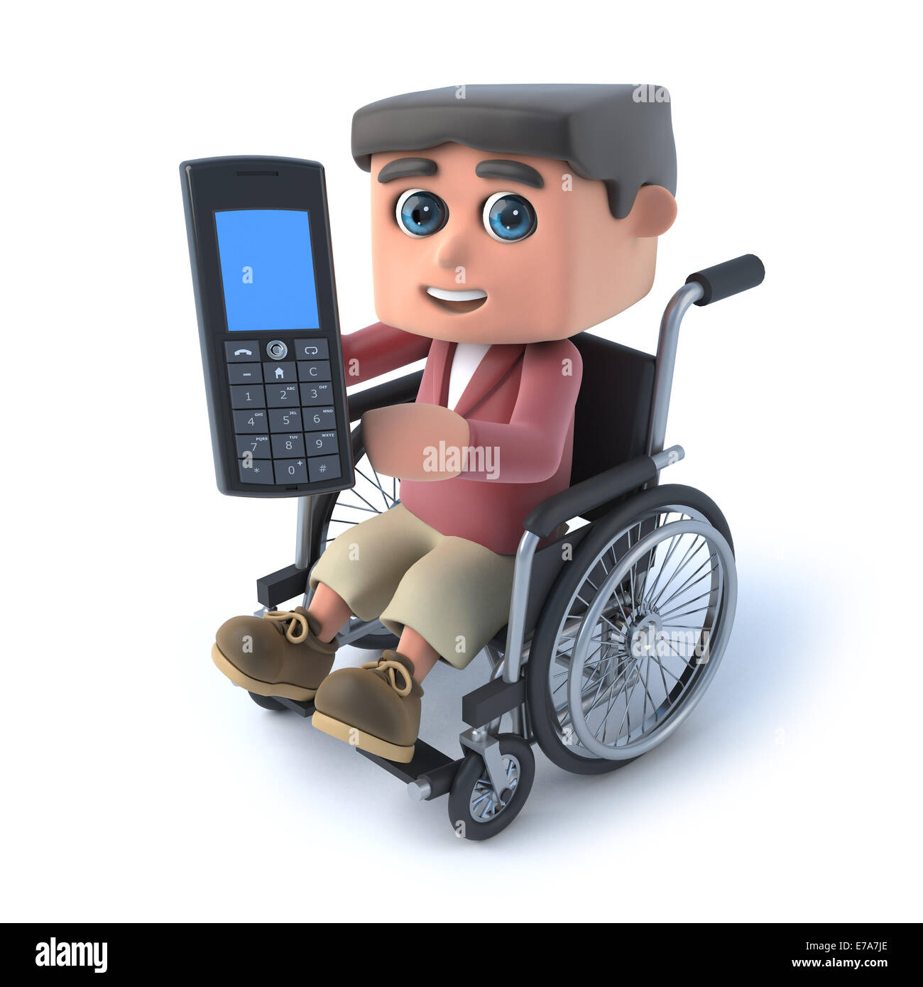 3D Boy in wheelchair with mobile phone Banque D'Images