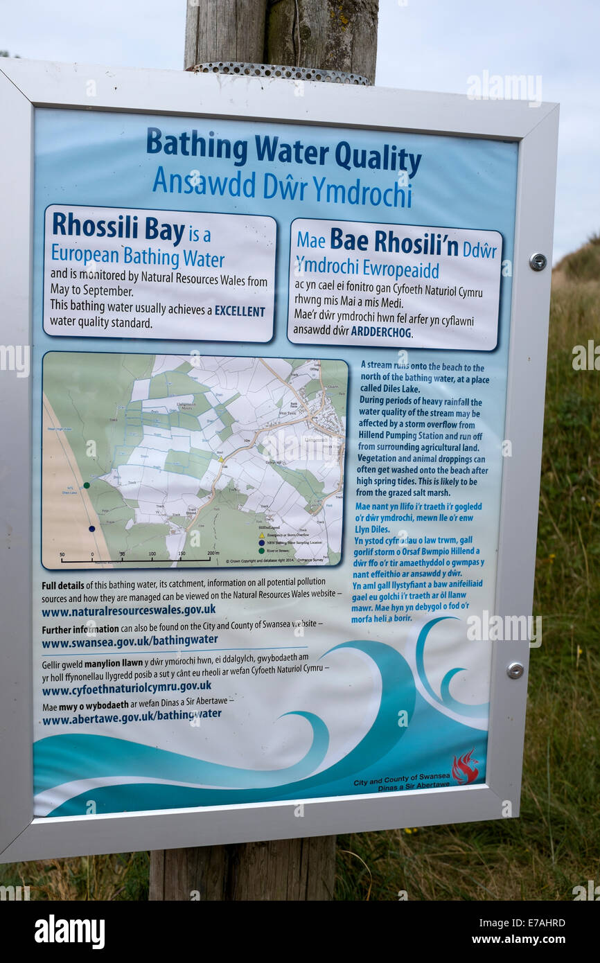 Rhossili Bay Pays de Galles signe de la qualité des eaux de baignade Banque D'Images