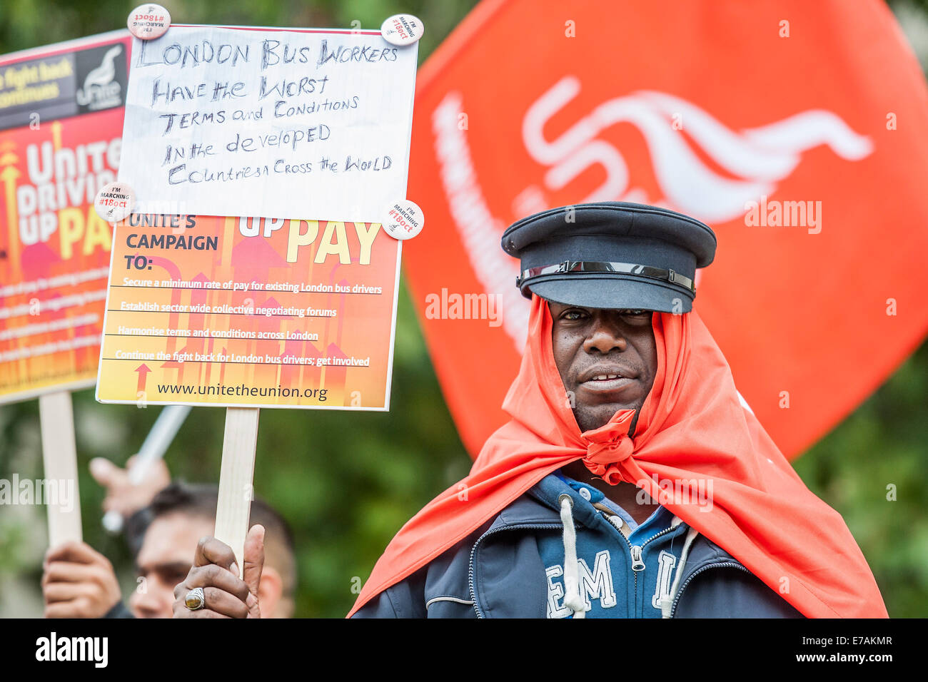 Londres, Royaume-Uni. 11 Septembre, 2014. Les conducteurs de bus et les membres de l'Unite de protester contre l'inégalité des salaires (et des termes et conditions) parmi les entreprises de transport par autobus privatisées. Un jour de trois manifestations devant le Parlement, Westminster, London, UK, 11 sept 2014. Crédit : Guy Bell/Alamy Live News Banque D'Images