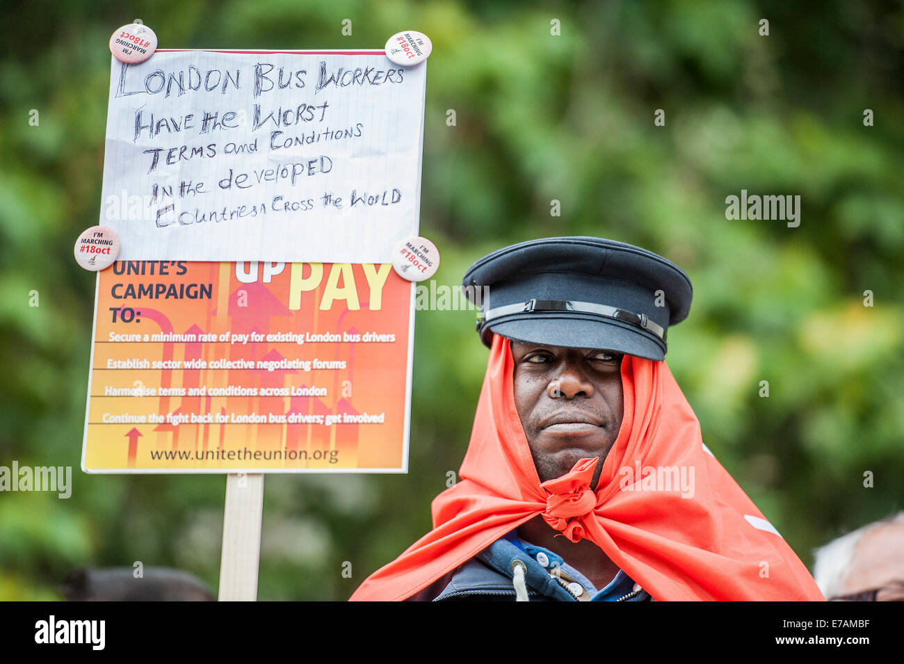 Londres, Royaume-Uni. 11 Septembre, 2014. Les conducteurs de bus et les membres de l'Unite de protester contre l'inégalité des salaires (et des termes et conditions) parmi les entreprises de transport par autobus privatisées. Un jour de trois manifestations devant le Parlement, Westminster, London, UK, 11 sept 2014. Crédit : Guy Bell/Alamy Live News Banque D'Images