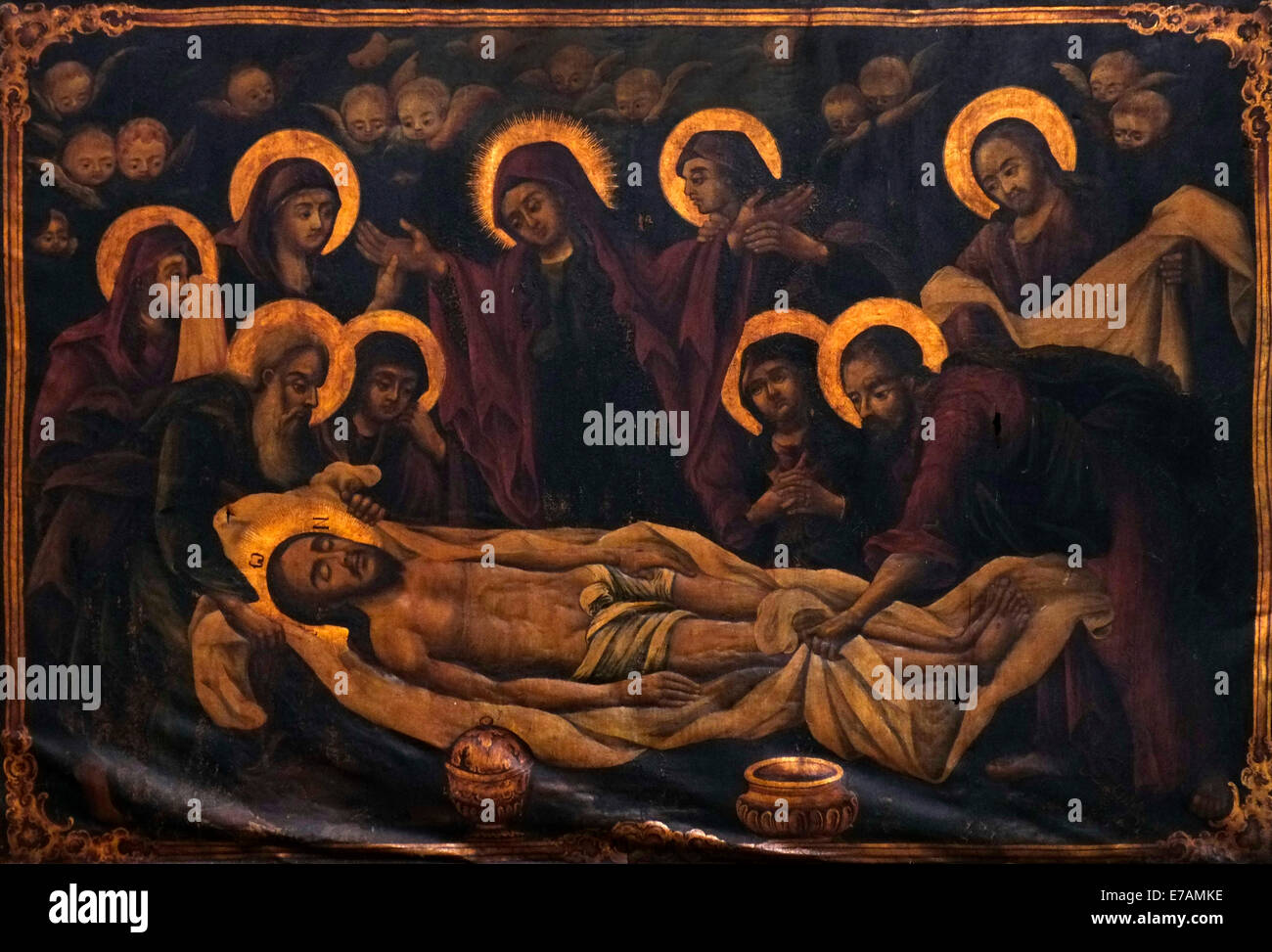 Peinture représentant Jésus Christ corps se prépare à l'intérieur du pendu après Crucifixion Katholikon Catholicon ou Chapelle dans l'église du Saint-Sépulcre, dans la vieille ville de Jérusalem Israël Banque D'Images