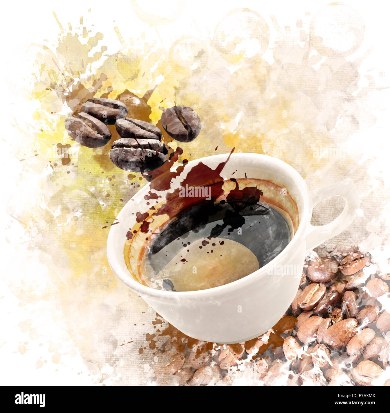Aquarelle peinture digitale de la tasse de café du matin Banque D'Images