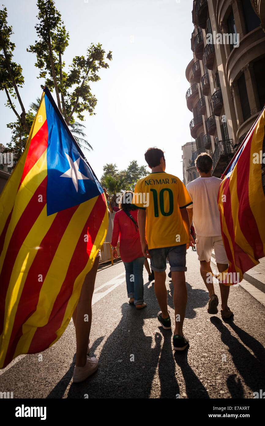 Barcelone, Catalogne, Espagne. 11 septembre 2014. Peuple Catalan tenant un drapeau de l'indépendance et la queue pour former un 7-mile de long V pour vote sur le référendum d'autodétermination prévu le 9 novembre. Banque D'Images