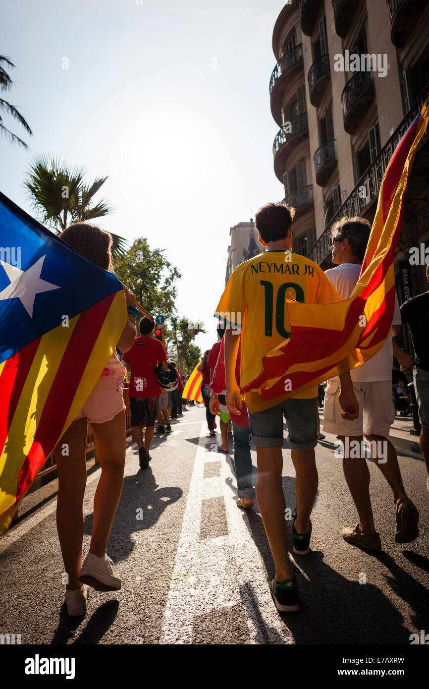 Barcelone, Catalogne, Espagne. 11 septembre 2014. Peuple Catalan tenant un drapeau de l'indépendance et la queue pour former un 7-mile de long V pour vote sur le référendum d'autodétermination prévu le 9 novembre. Banque D'Images