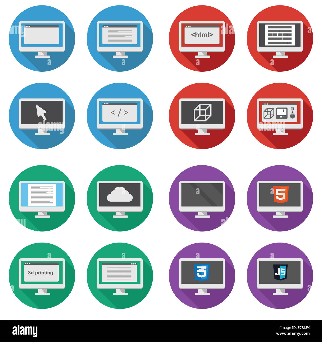 Collection de vecteur de développement de web icônes : écran d'ordinateur personnel montre le développement web, le travail de bureau, l'impression 3d - Banque D'Images