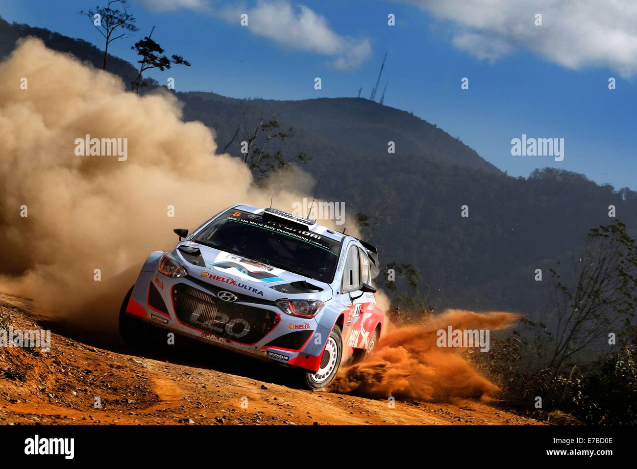 Hydes Creek, New South Wales, Australie. Sep 11, 2014. Section de la WRC Shakedown Australie WRC Rally. Chris Atkinson (AUS) et Stephane Prevot (BEL) - Hyundai i20 WRC : Action Crédit Plus Sport/Alamy Live News Banque D'Images