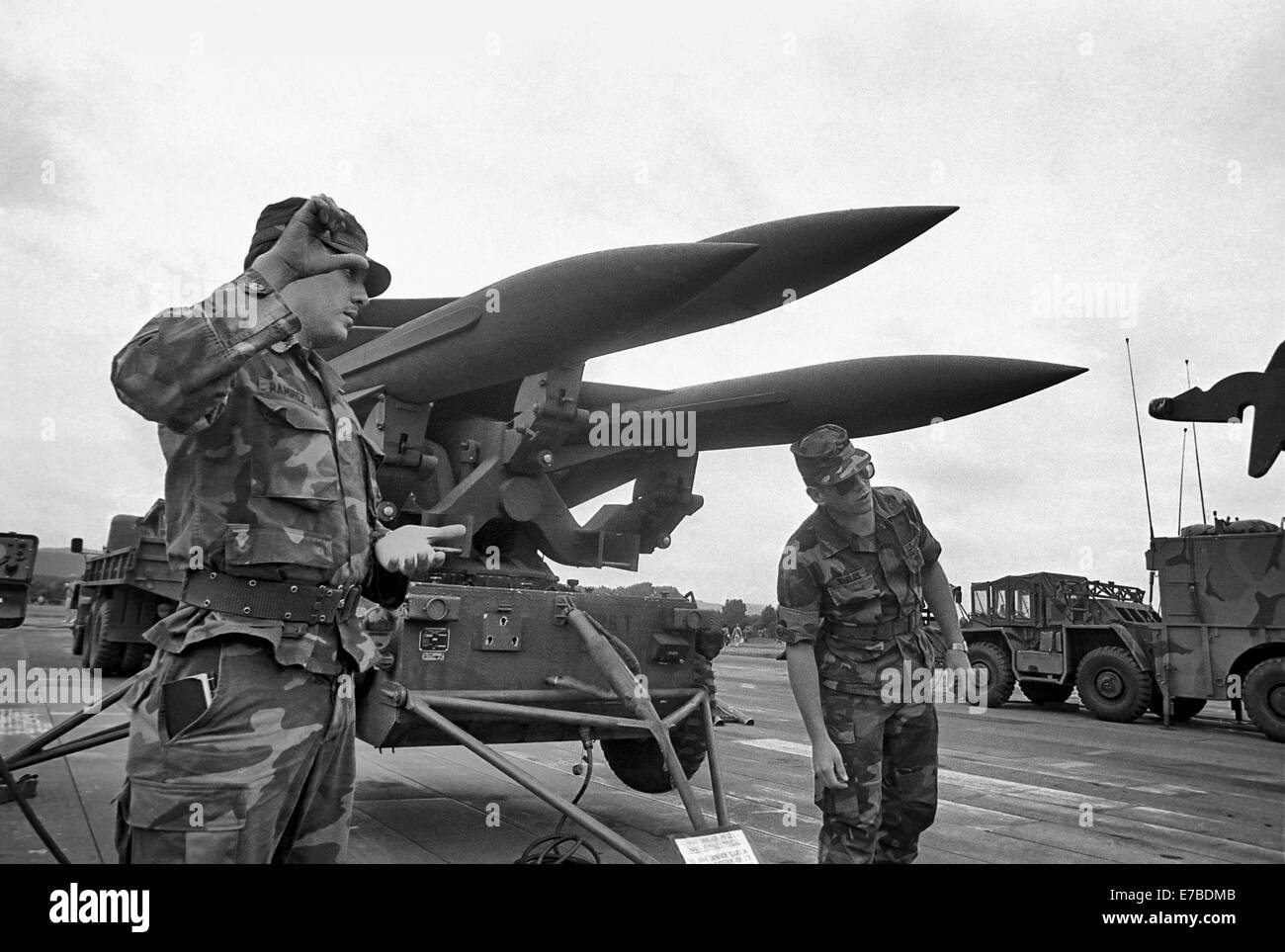 Hawk de l'armée américaine, des missiles anti-aériens sur la base de Ramstein (Allemagne) lors des exercices de l'OTAN (Juin 1985) Banque D'Images