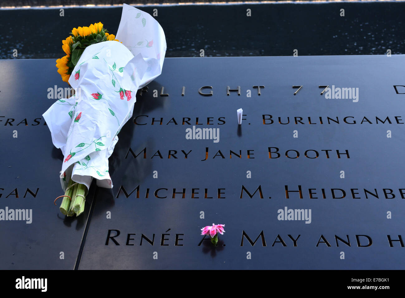 New York, USA. 11 Septembre, 2014. Des fleurs à l'échelle nationale le 11 septembre 2001 au Memorial Ground Zero sur la 13e anniversaire des attaques terroristes dans la ville de New York. Crédit : Christopher Penler/Alamy Live News Banque D'Images