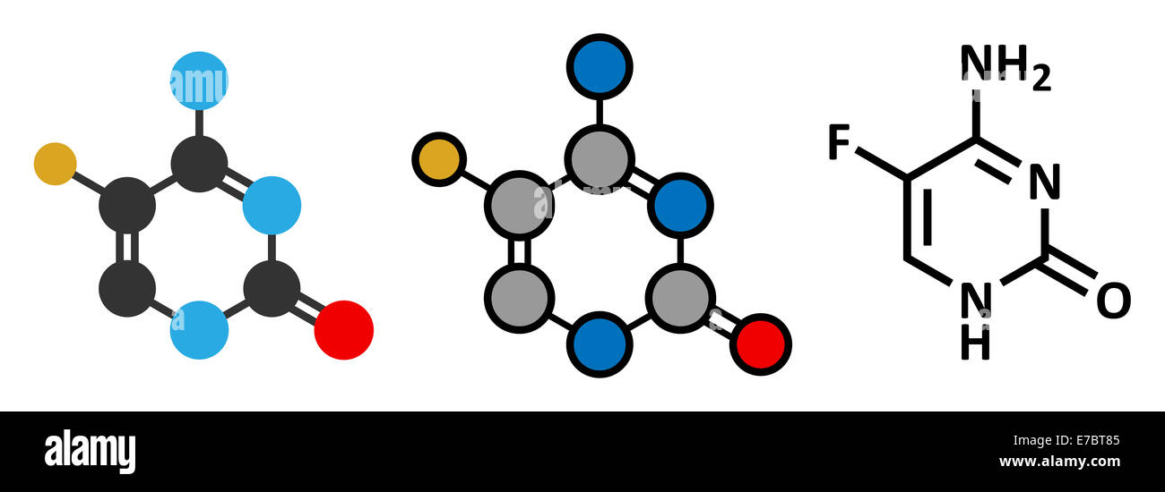La Flucytosine (5-fluorocytosine) antimycotic molécule pharmaceutique. Formule topologique classique et une représentation stylisée, montrant l'ato Banque D'Images