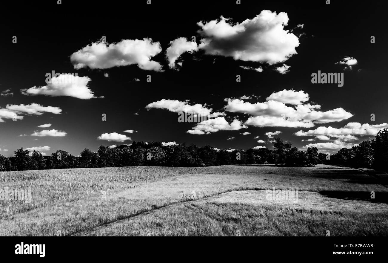 Nuages sur une prairie de champ de bataille National d'Antietam, Maryland. Banque D'Images