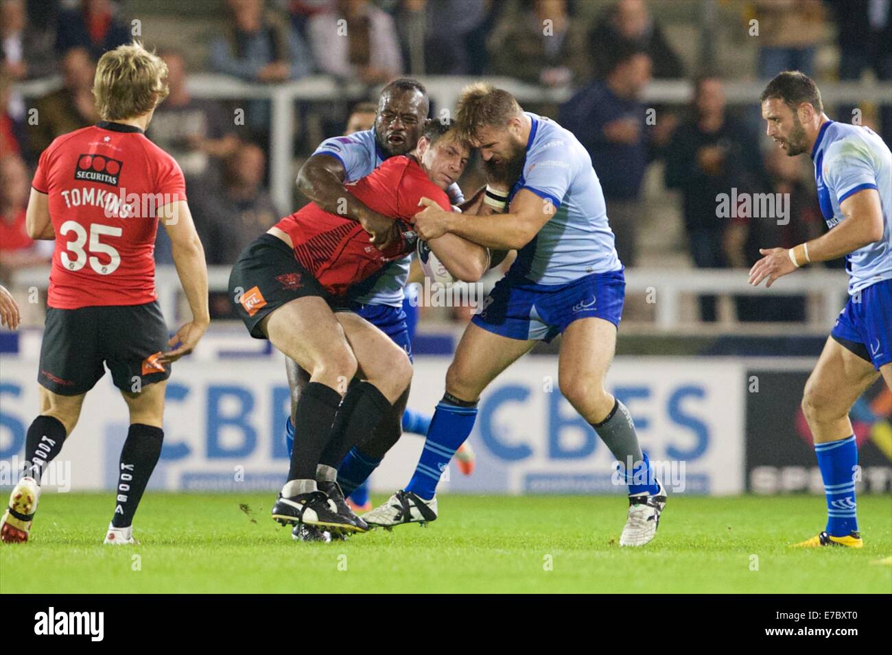 Salford, Royaume-Uni. Sep 12, 2014. Super League Rugby. Salford Reds contre Widnes Vikings. Salford Red Devils prop Adrian Morley en action. Credit : Action Plus Sport/Alamy Live News Banque D'Images