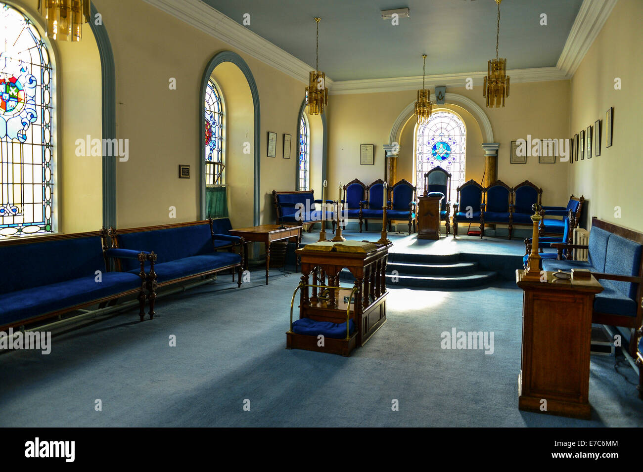 Derry, Londonderry, Royaume-Uni. 13 septembre 2014. Intérieur de maçons, salle de réunion, Hall des francs-maçons, Derry, Londonderry, ouvert au public les journées du patrimoine britannique. Crédit : George Sweeney/Alamy Live News Banque D'Images