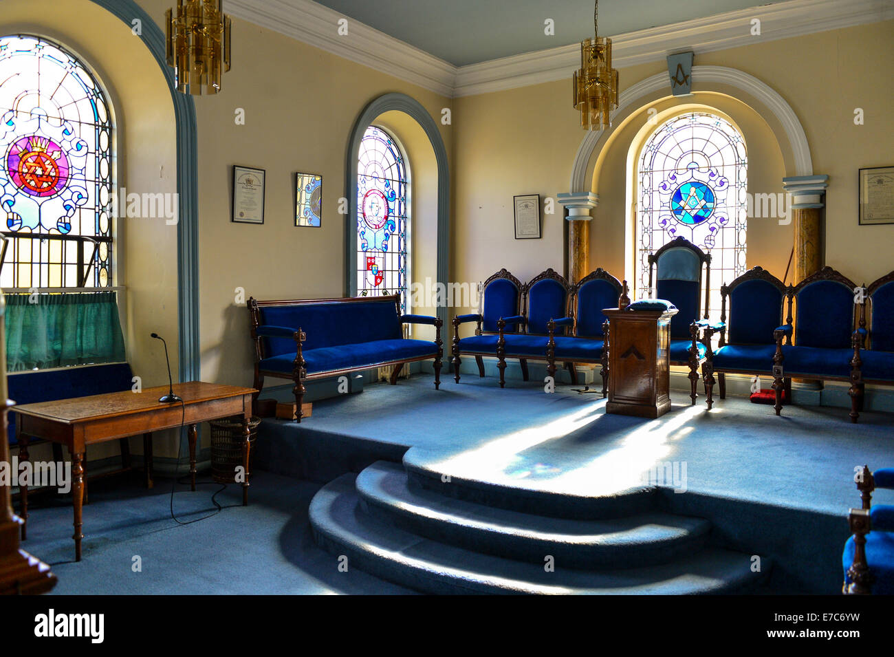 Derry, Londonderry, Royaume-Uni. 13 septembre 2014. Intérieur de maçons, salle de réunion, Hall des francs-maçons, Derry, Londonderry, ouvert au public les journées du patrimoine britannique. Crédit : George Sweeney/Alamy Live News Banque D'Images