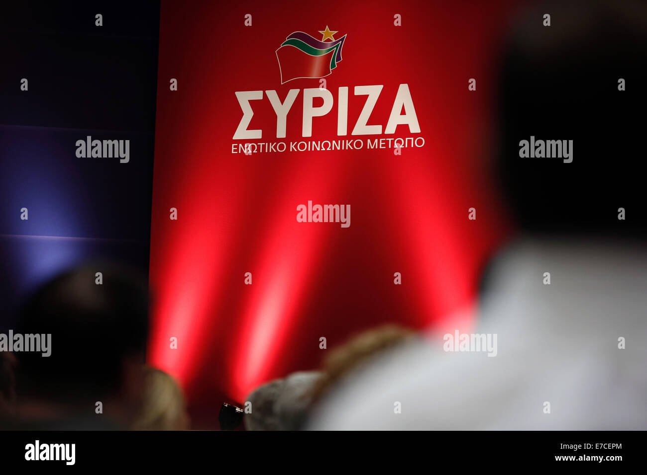 Thessalonique, Grèce. 13 Sep, 2014. Leader du parti d'opposition en Grèce SYRIZA, Alexis Tsipras, productifs, les adresses des institutions membres et sympathisants du parti dans son discours en Vellidio convention center lors de sa visite à la 79e TIF. Thessalonique, Grèce le 13 septembre 2014. Credit : Konstantinos Tsakalidis/Alamy Live News Banque D'Images