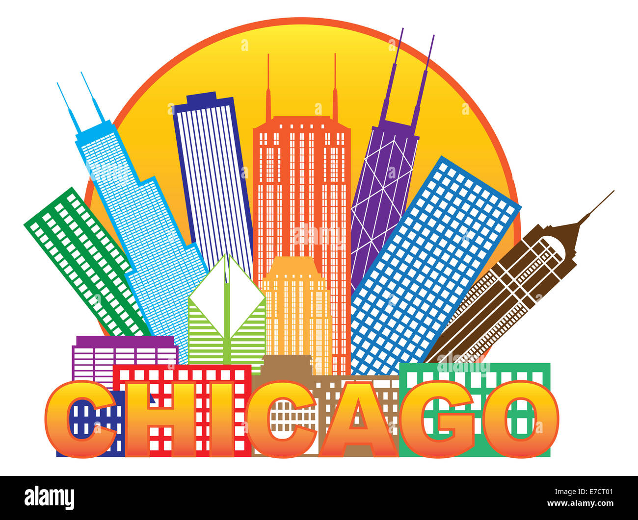 Chicago City Skyline Panorama Couleur Contours Silhouette en cercle avec texte isolé sur fond blanc Illustration Banque D'Images