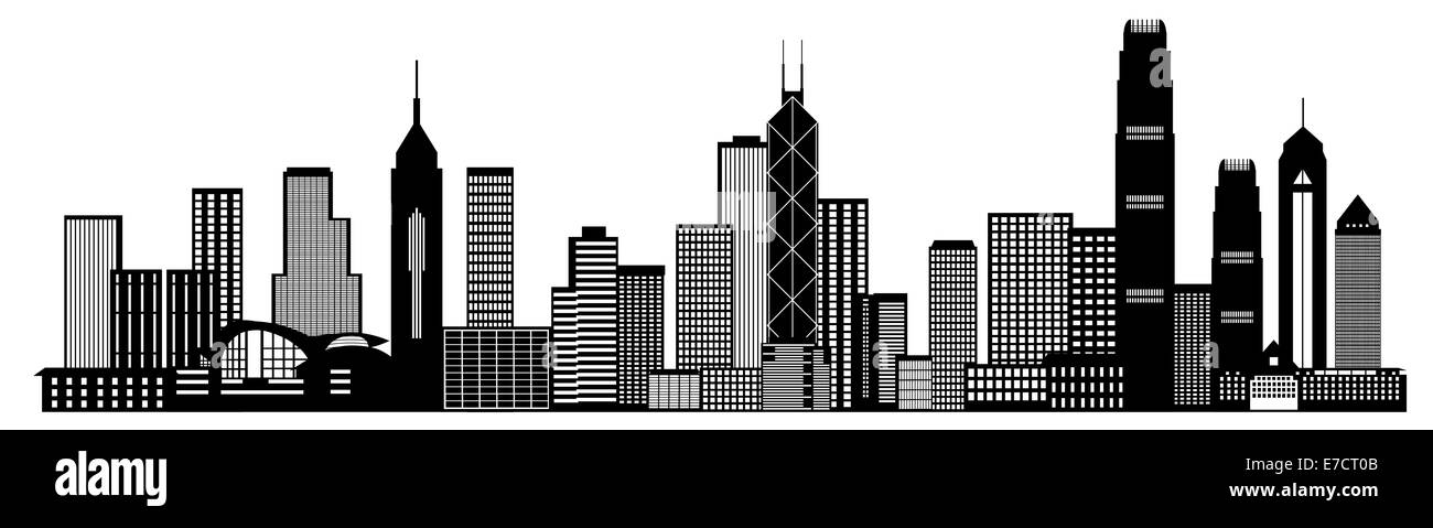 Hong Kong City Skyline Panorama Black isolé sur fond blanc Illustration Banque D'Images