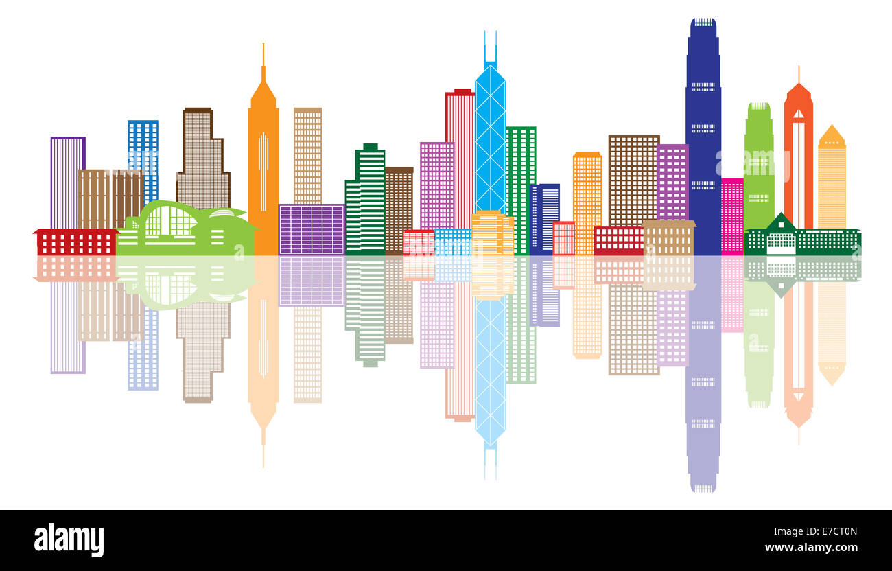 Hong Kong City Skyline Panorama Color illustration isolé sur fond blanc Banque D'Images
