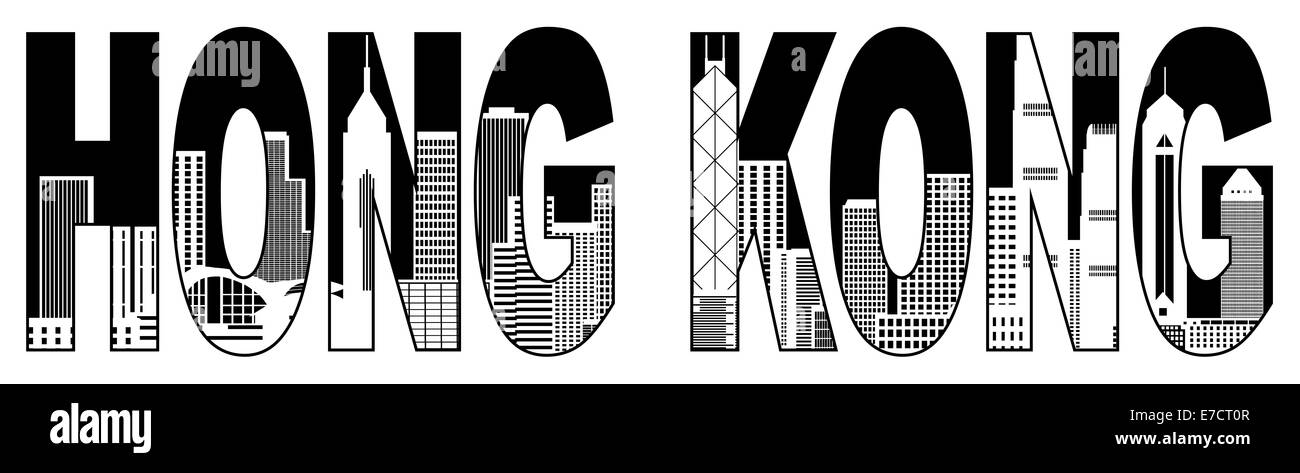 Hong Kong City Skyline Panorama Aperçu texte isolé sur fond blanc noir Illustration Banque D'Images