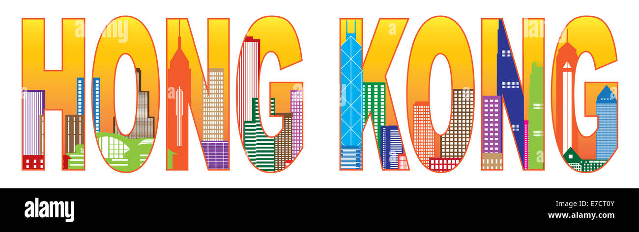 Hong Kong City Skyline Panorama Aperçu texte Color illustration isolé sur fond blanc Banque D'Images Hong Kong City Skyline Panorama Aperçu texte Color illustration isolé sur fond blanc Banque D'Images