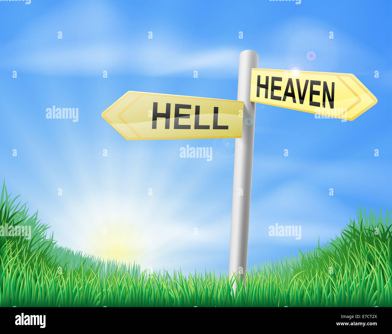 Le ciel ou l'enfer concept décision signe d'une direction dans un champ indiquant la bonne et la mauvaise façon Banque D'Images