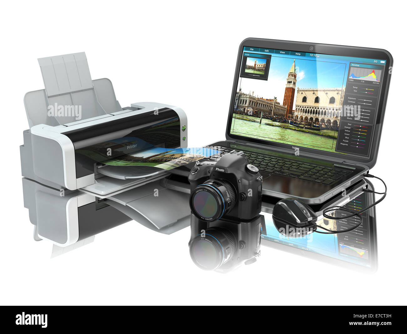 Ordinateur portable, appareil photo et imprimante. Préparation des images  pour l'impression. 3d Photo Stock - Alamy