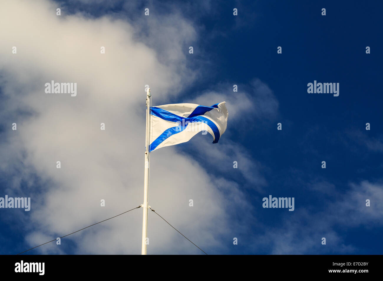 St Andrew's drapeau sur le mât dans le vent contre un ciel bleu Banque D'Images