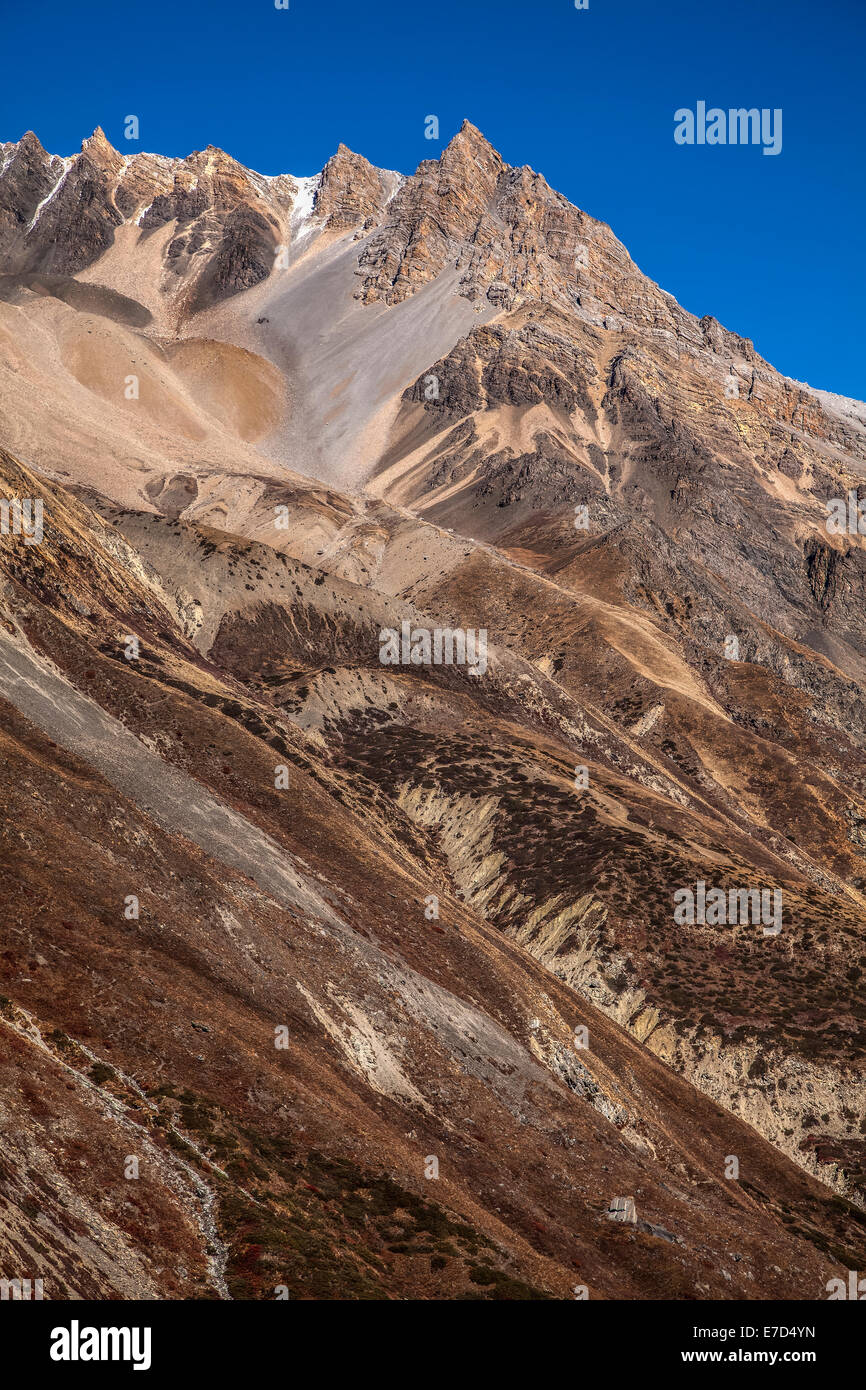 Mur raide en haut des montagnes de la région de l'Annapurna, Himalaya, Népal. Banque D'Images