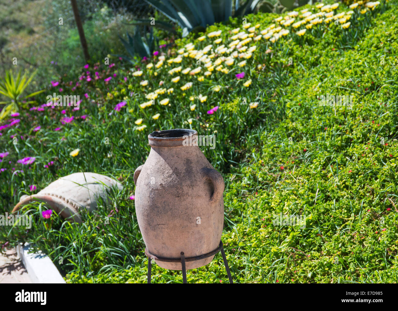 Jardin espagnol avec l'urne en terre cuite et des fleurs Banque D'Images